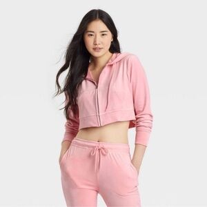 Colsie Pink Velvet Velour Pink Cropped Hoodie Tracksuit Jacket